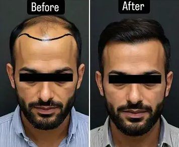 A side-by-side before and after comparison showing a man's hair growth result, with the left side labeled 'Before' and the right side labeled 'After'. The man's face is obscured by black bars, and he is wearing a light blue striped shirt against a dark background.
